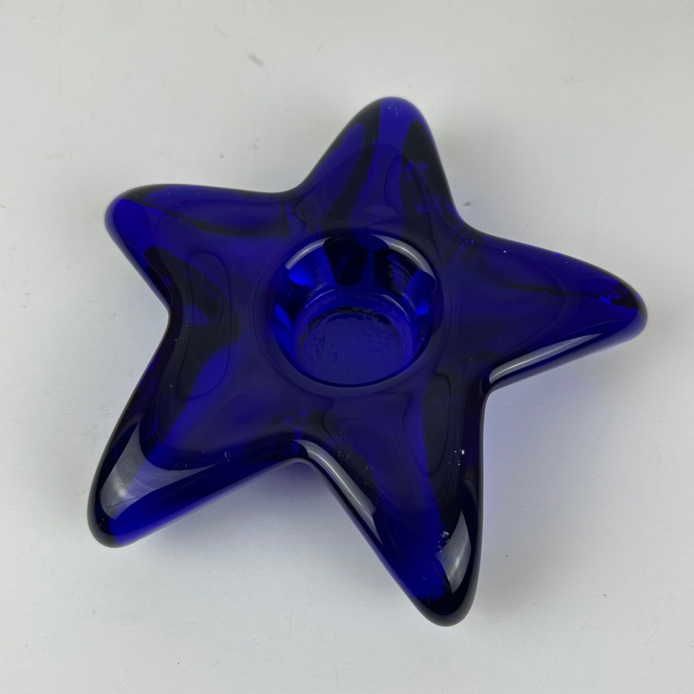 Vintage Cobalt Blue Glass Star Votive Candle Holder Starfish MCM Decor